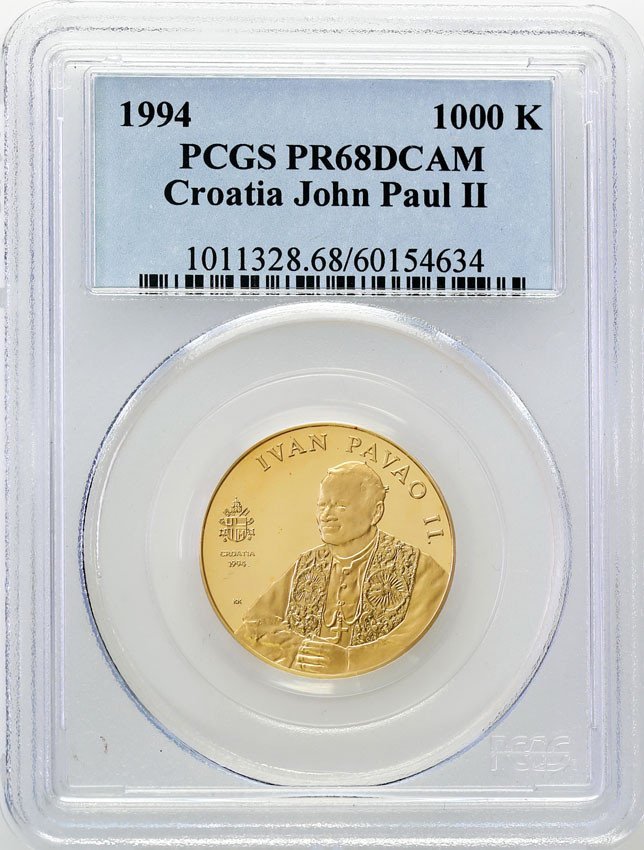 Chorwacja. 1000 Kuna 1994 Jan Paweł II PCGS PR68 DCAM